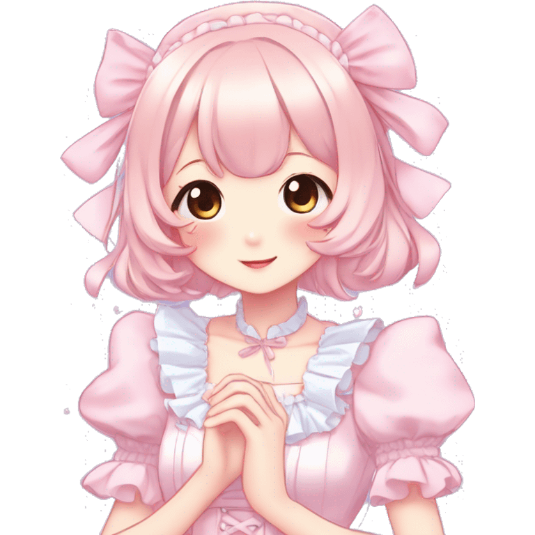 Gorgeous anime style lady blushing face maid outfit Lolita idol model colorful shiny sparkle kawaii pastelcore cottagecore pearly petite simplistic aesthetic trending style emoji