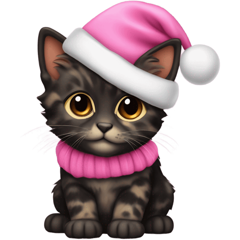 Cute mostly black tortoiseshell kitten wearing a pink Santa hat and coat emoji