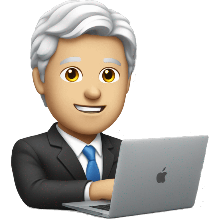 A white businessman in a suit works at a MacBook emoji