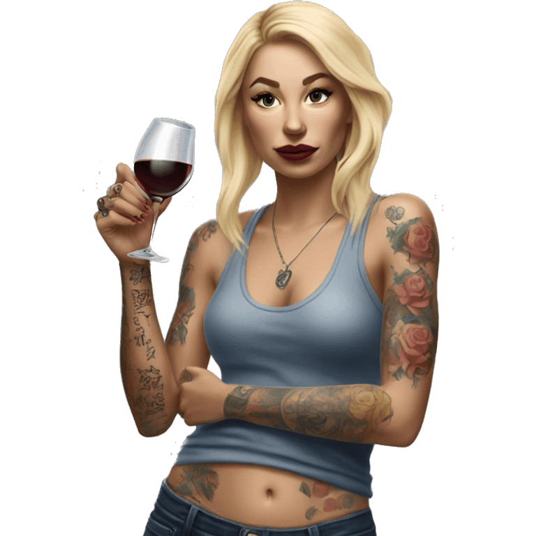 Blonde women in, her body covered with tattoos, wine in her one hand, pointing forward with her other hand , Hyper realistic  emoji