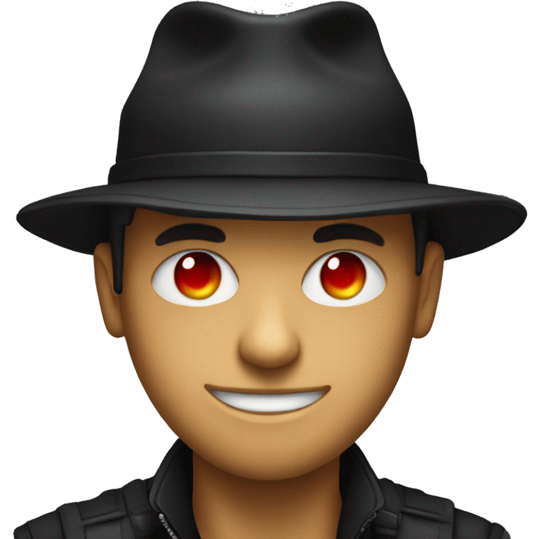 A hacker wearing a black hat and he has red eyes emoji