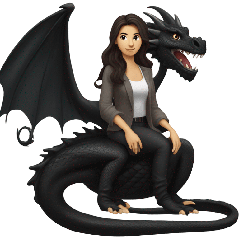 Beautiful white woman with long wavy dark brown hair riding a black dragon emoji