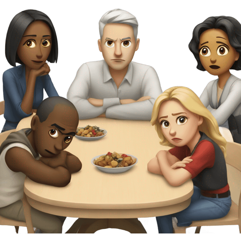 white people sitting around a table looking unhappy emoji