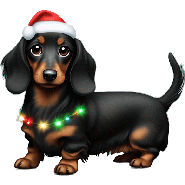 Miniature long haired dachshund brindle and black with Christmas lights emoji