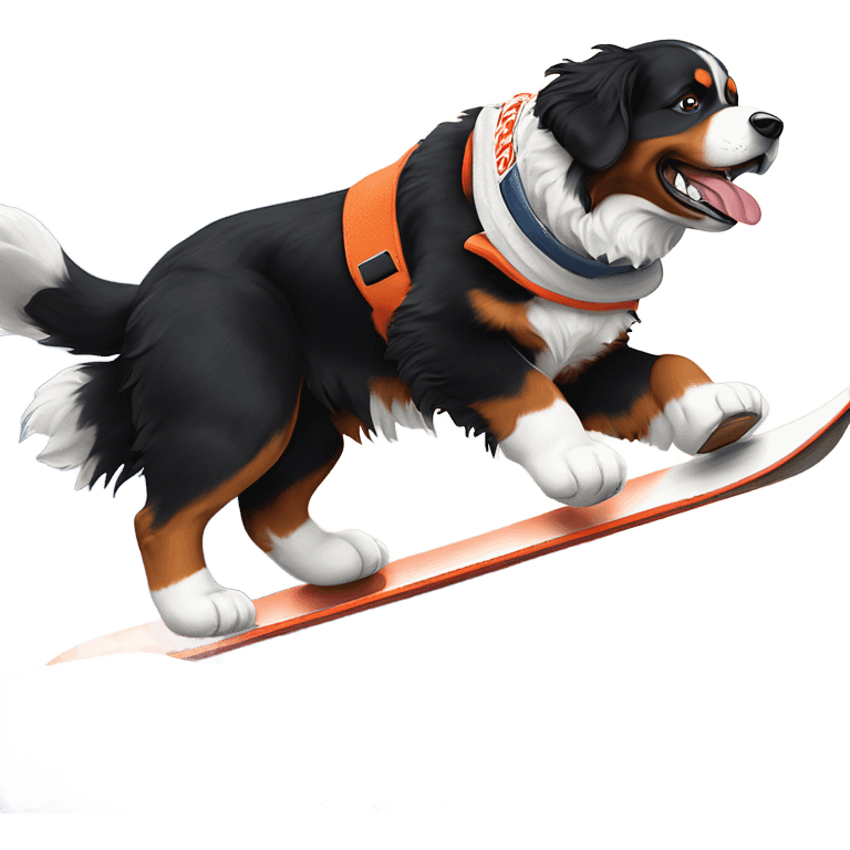 Bernese mountain dog that’s a Denver broncos fan snowboarding down a mountain  emoji