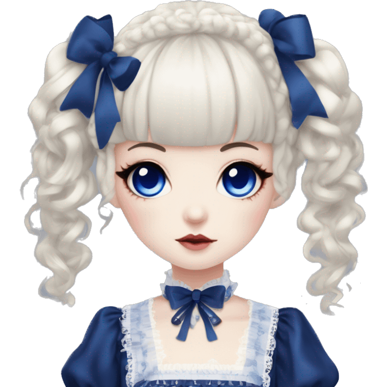 Japanese pale woman with dark blue curly pigtails and bangs, royal blue lips and eyeshadow, long eyelashes, blue eyes, black Lolita dress with laces and ribbons, gothic Lolita doll look emoji