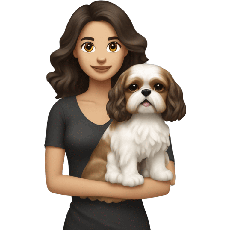 Young dark brunette medium kin hair woman with a golden shih tzu in her arms long wavy hair emoji