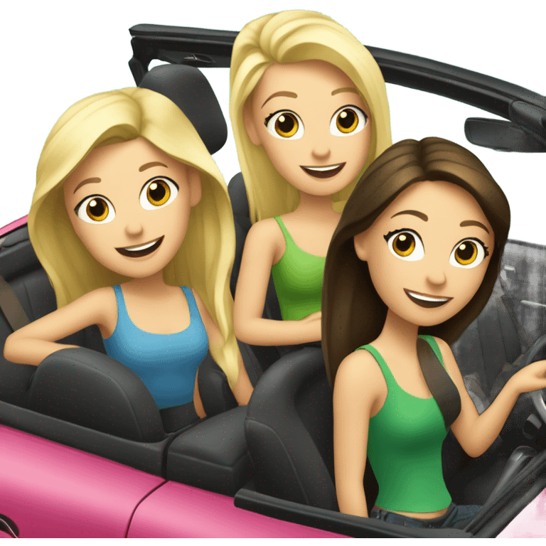 Two Caucasian blonde girls and two Caucasian brunette girls driving a green volkswagen convertible emoji