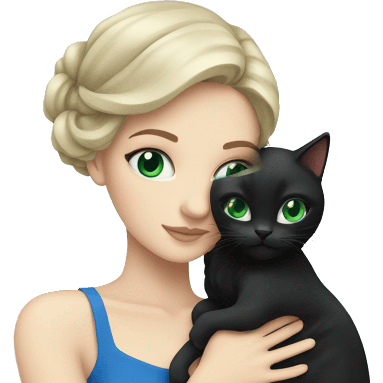 White brunette with blue eyes hugging black cat with green eyes emoji