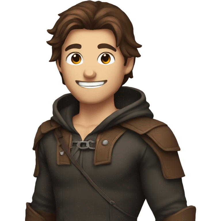 human male rogue with brown hair wearing a hood grinning emoji