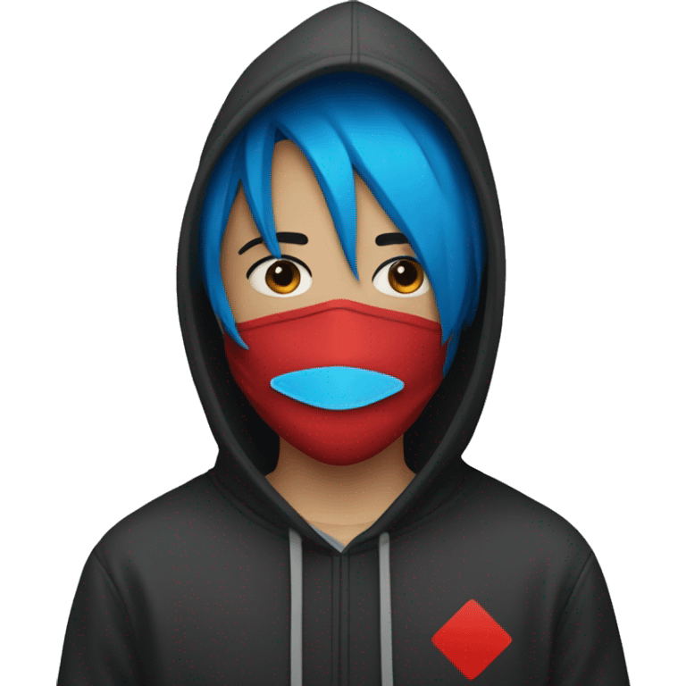 emo person with a covid mask and hoodie with red color on left  side and blue on right side  emoji