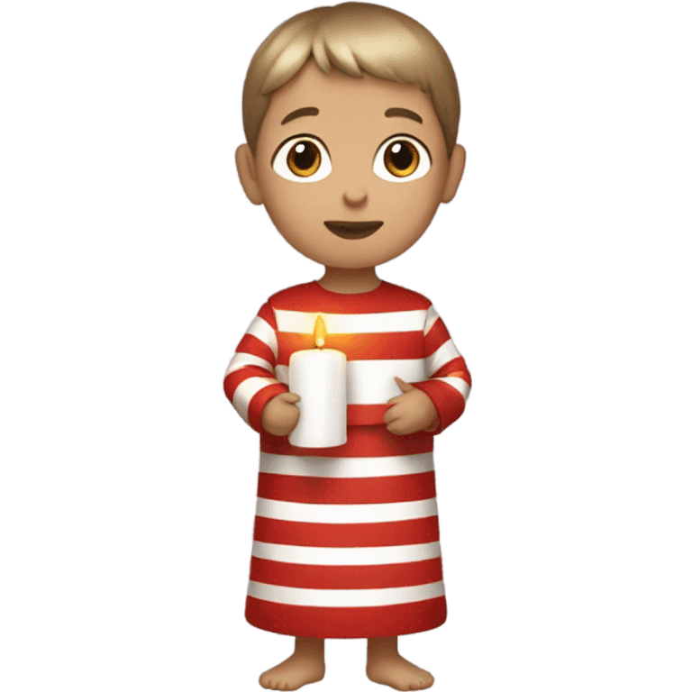 child holding a white candle, dressed in a long tunic with red and horizontal stripes emoji