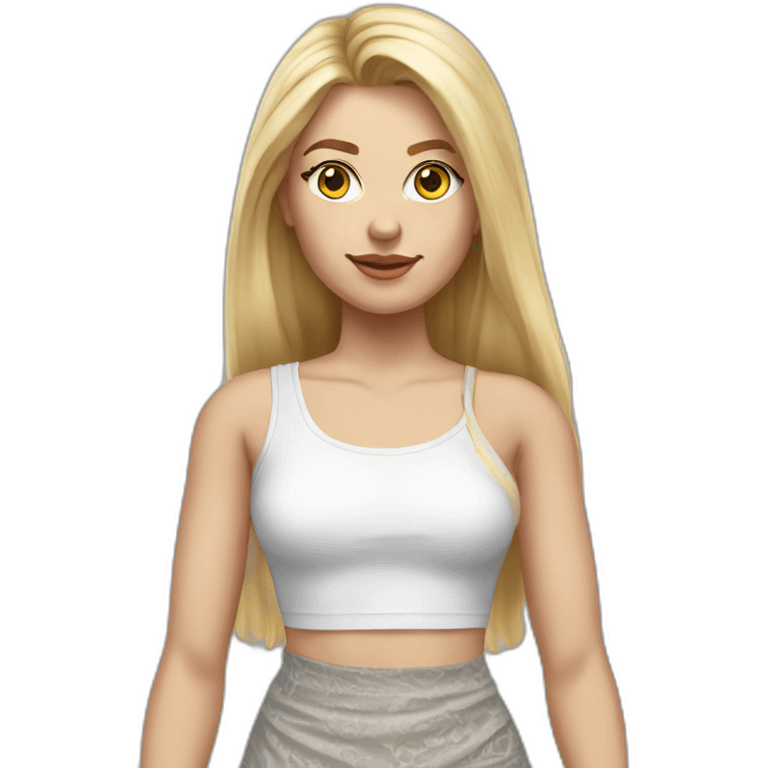 hyperrealistic caucasian female, long straight blonde hair, grey mini pencil skirt, white lace up crop tanktop emoji