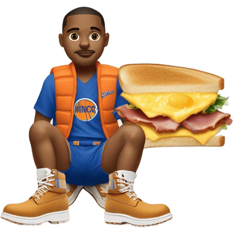 cat in timbs, New York knicks jersey and bacon egg and cheese  emoji