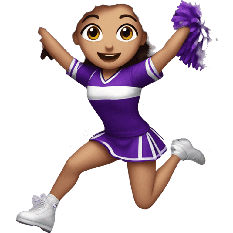 Caucasian cheerleader with dark brown curly hair, jumping and holding up two purple Pom poms, small full body emoji emoji