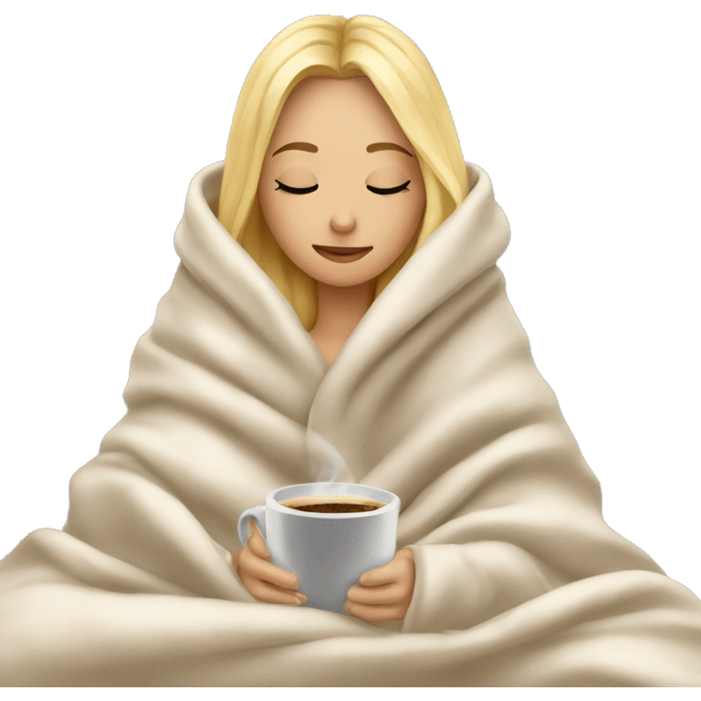 Blonde girl inside a blanket sipping coffee eyes closed emoji