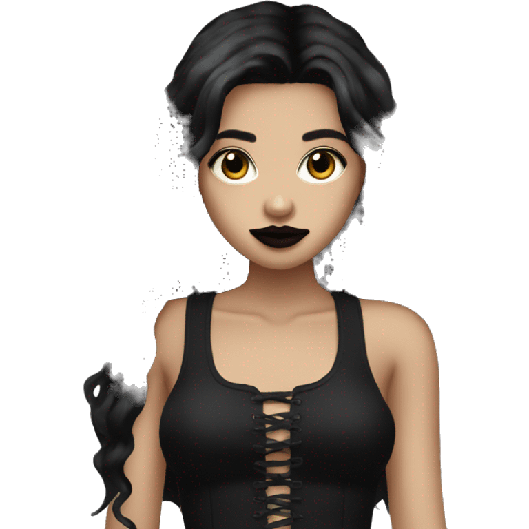 Tan Goth girl emoji long black hair, lipstick  emoji