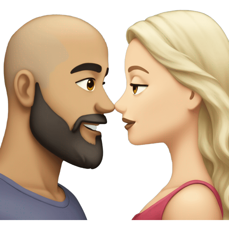 White girl dark hair kissing mixed bald man with beard emoji