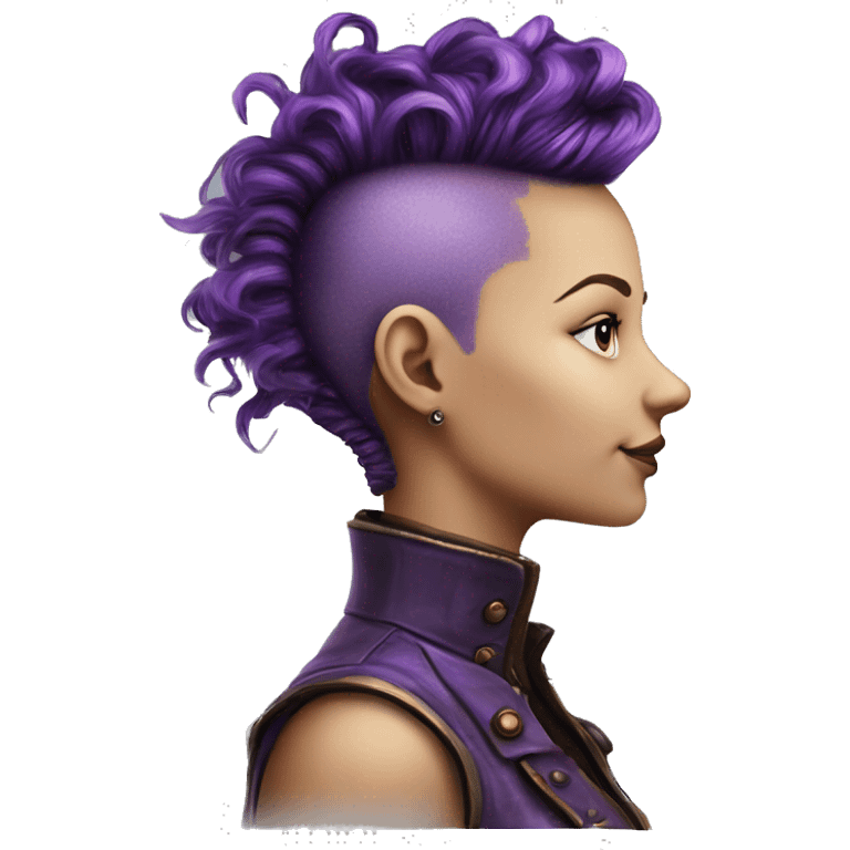 Photorealistic steampunk profile short mohawk purple wavy  on Caucasian girl with small nose round face emoji