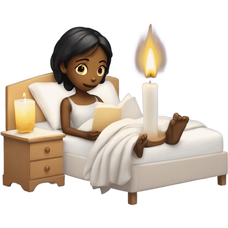 Girl on bed coding candle light emoji