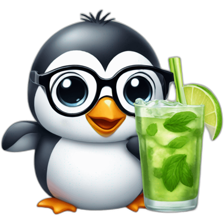 baby penguin with big glasses drinking mojito emoji