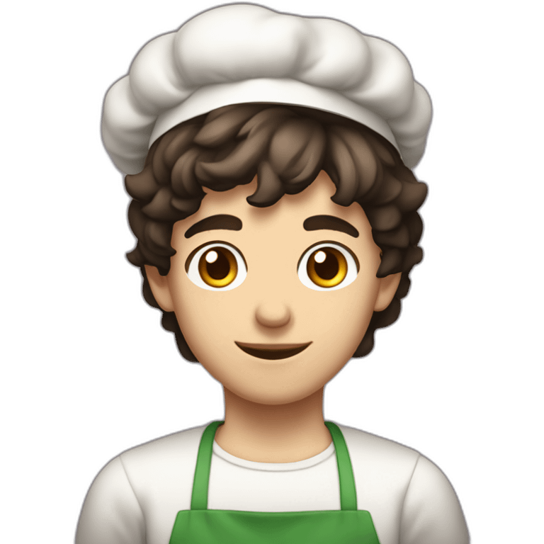 A male teenager with very short dark hair and brown eyes dressed as an Italian cooker emoji