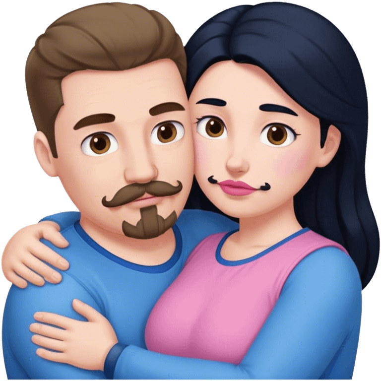 Tall strong white man with brown mustache goatee wearing blue hugging a chubby short pale woman with long black hair wearing pink emoji