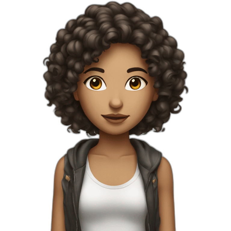 a girl with long dark brown curly hair and skin clear with street wear emoji