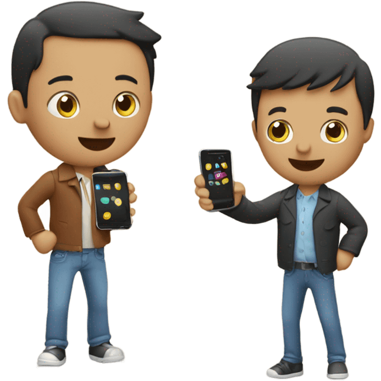 two friends with smartphone showing charts emoji