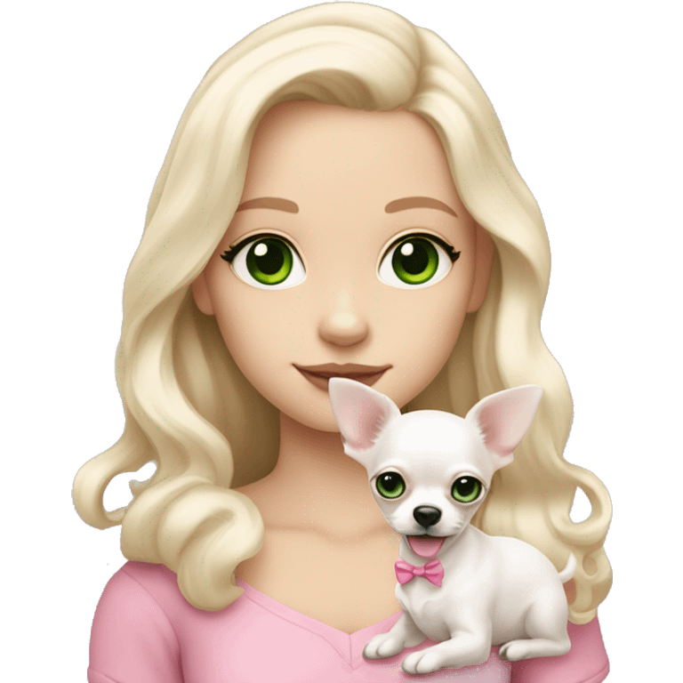 pale blond girl with wavy long platinum hair with green eyes holding a white chihuahua puppy that wearing a pink bow emoji