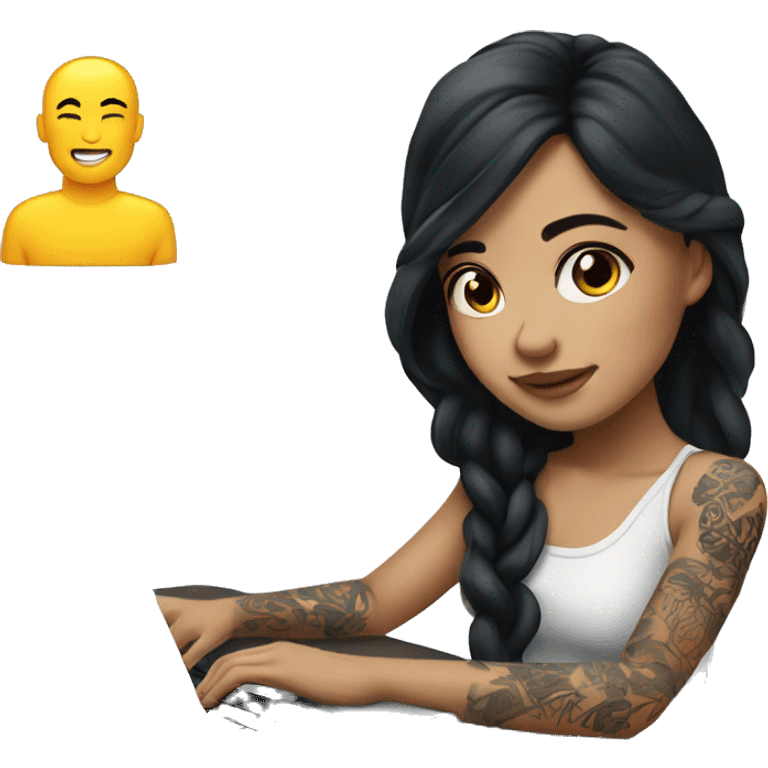 beautiful girl, with arm tattoos, with long black hair, wavy hair, chinese, with laptop emoji