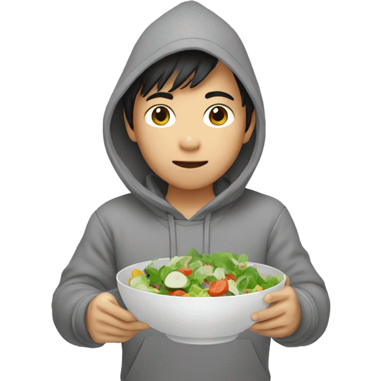 asian boy in grey hoodie eating salad  emoji