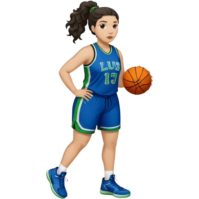 full body plus size light skin latino women basketball player with wavy dark hair in pony tail wide nose wearing blue uniform with green accent emoji