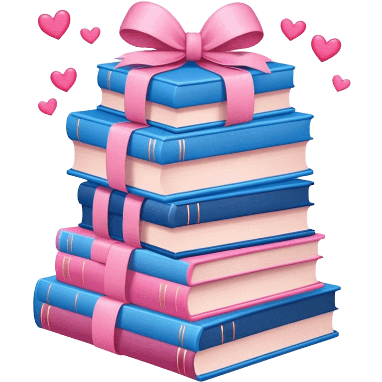 lots of romance books stacked up, pink and blue, with hearts and bows emoji