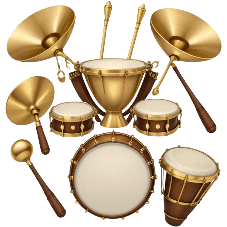 Create a heraldic, festive, and professional emblem-like emoji representing percussion instruments. The design should resemble a traditional crest, featuring a range of percussion instruments like cymbals, triangle, tambourine, maracas, timpani, and other traditional and folk percussion instruments. Arrange them symmetrically, with elements like cymbals crossing each other, a triangle at the center, and timpani or drums flanking the sides. The instruments should be depicted with metallic and wooden tones—shiny brass for cymbals, silver for the triangle, and rich wood or polished bronze for drums. Include ornate details like engraved patterns on the instruments, decorative swirls or laurels, and subtle accents to add elegance and festivity to the composition. The overall design should be cohesive, balanced, and visually striking, suitable for use as a prestigious emblem. The background should be transparent. emoji