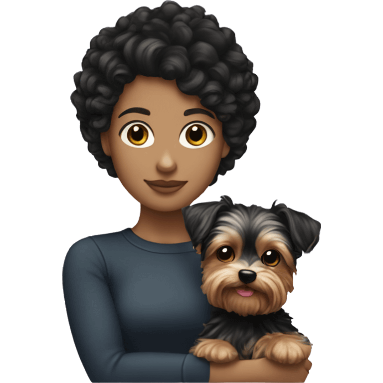 White girl with curly black hair holding Yorkie  emoji