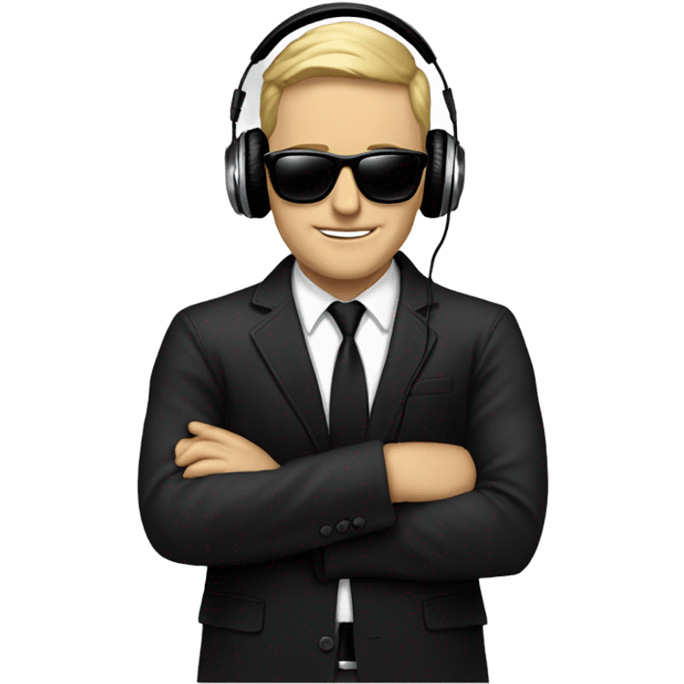 White Man with sunglasses DJ black jacket skinny tie headphones scratching records emoji