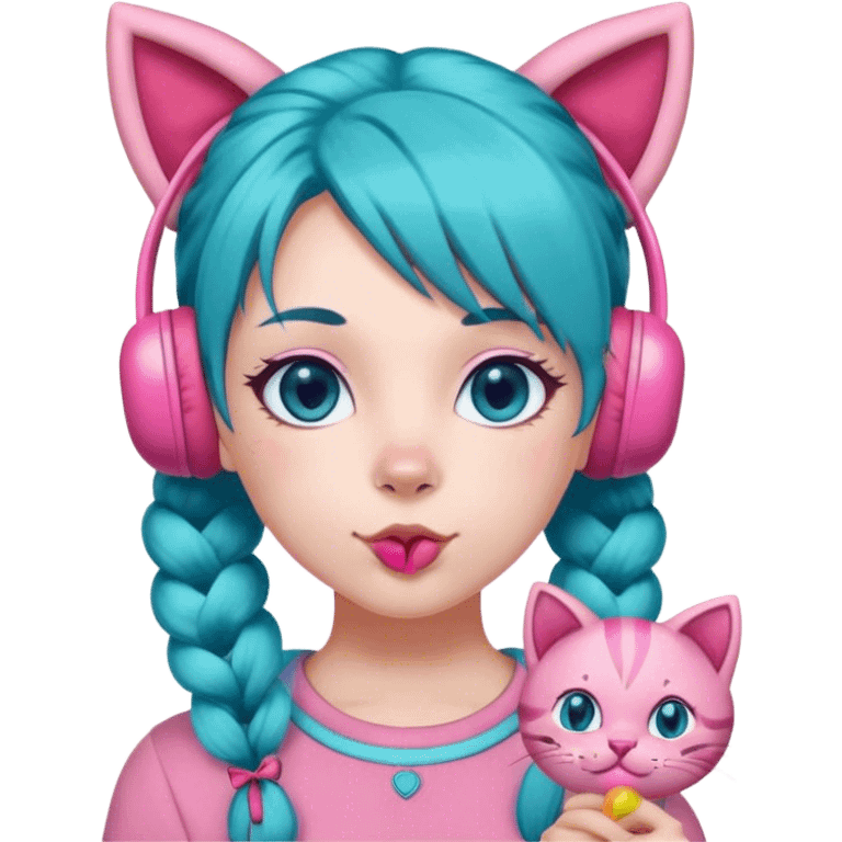 teal-blue hair with pigtails, pink lolipop on the mouth, light pink skin, pink eyes, pink top, pink cat earmuffs emoji