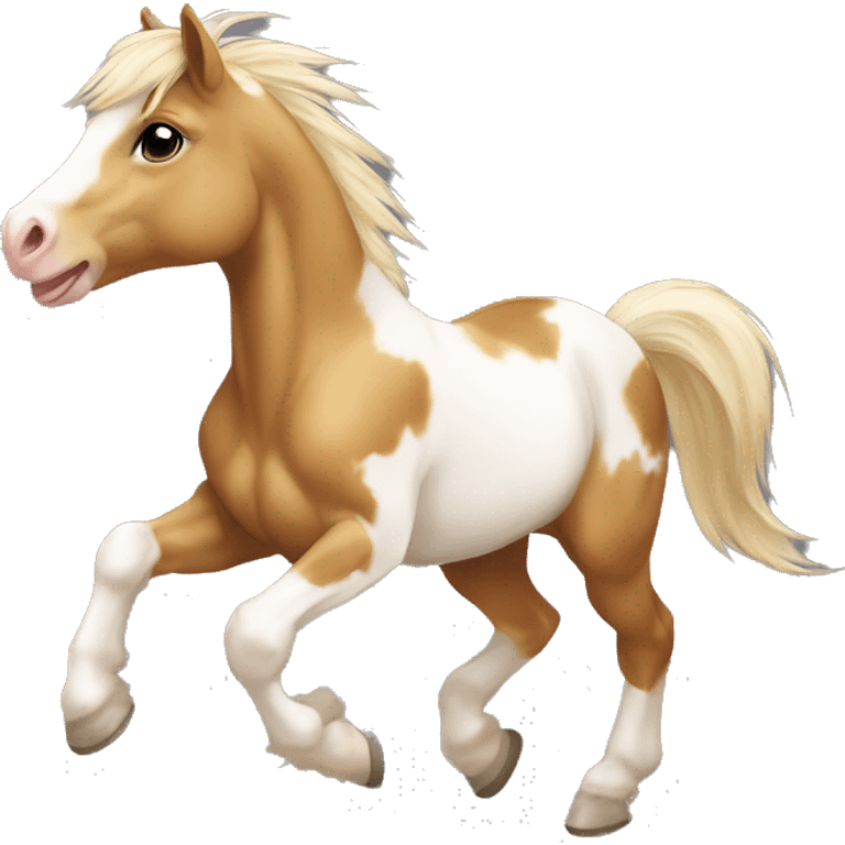 Scruffy Piebald tricolor palomino yellow brown pony with dark brown spots galloping running emoji