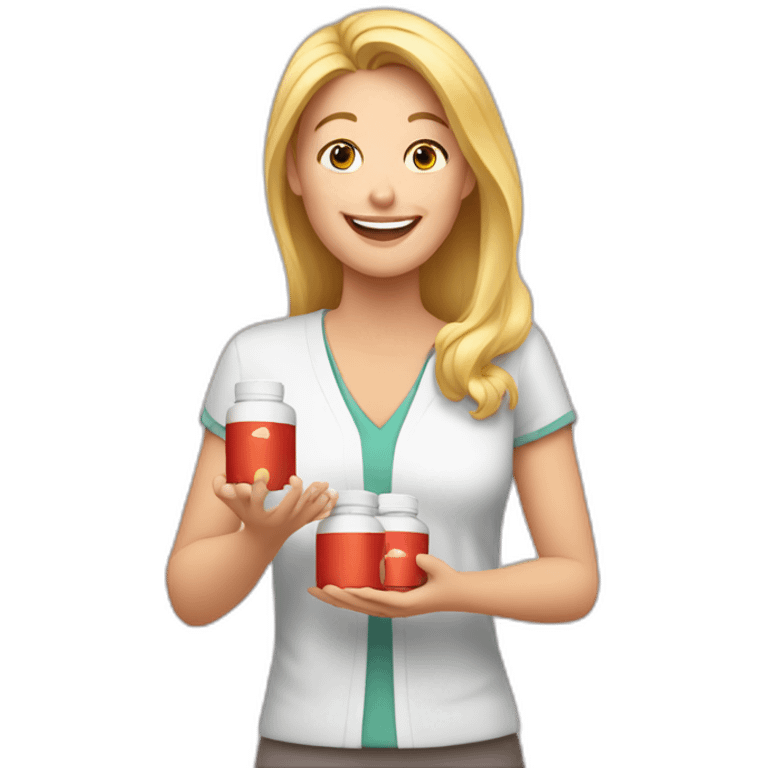 Happy blonde Mom holding ibuprofen emoji