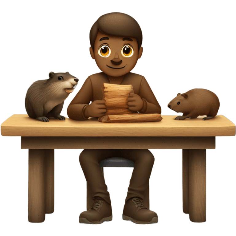 A guy is sitting with a beaver at a table and they are eating a log emoji