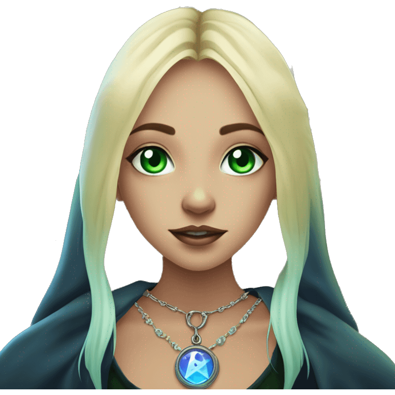 blonde witch girl with green eyes and straight hair with a birthmark above her upper lip wearing a necklace in a form of pentacle with a small blue stone inside doing tarot spread  emoji