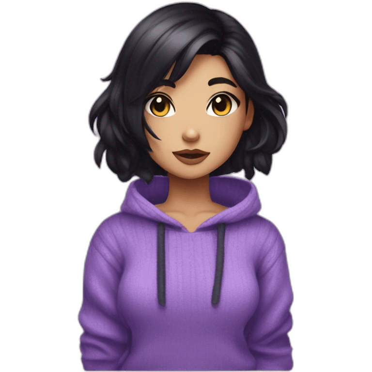 neko girl with black hair side swept bangs with shaved sides and back of head with purple eyes wearing a purple sweater emoji