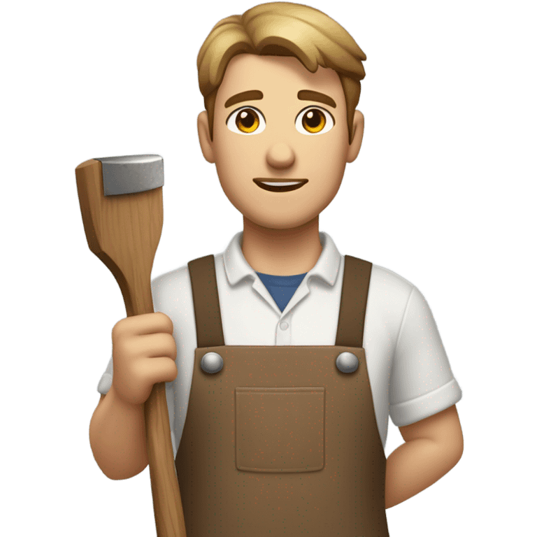 "A sturdy man with rough hands, short light brown hair, and a friendly, naive expression. He wears a work apron over simple clothes and holds a hammer or wood in a rustic workshop." emoji