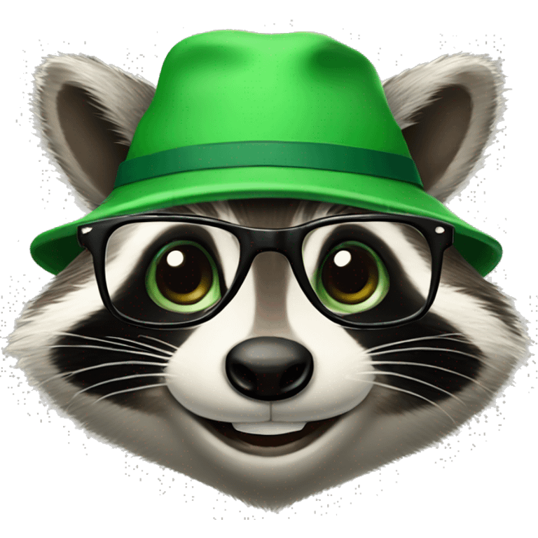 smiling friendly raccoon wearing green hat with read glasses on hat   emoji