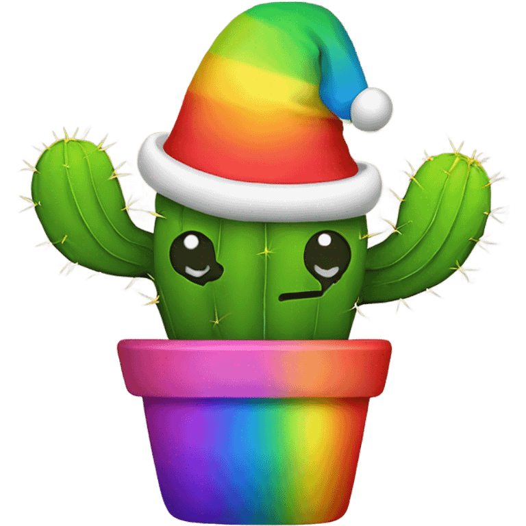 Rainbow cactus with a Christmas hat on and a cute smiley face emoji