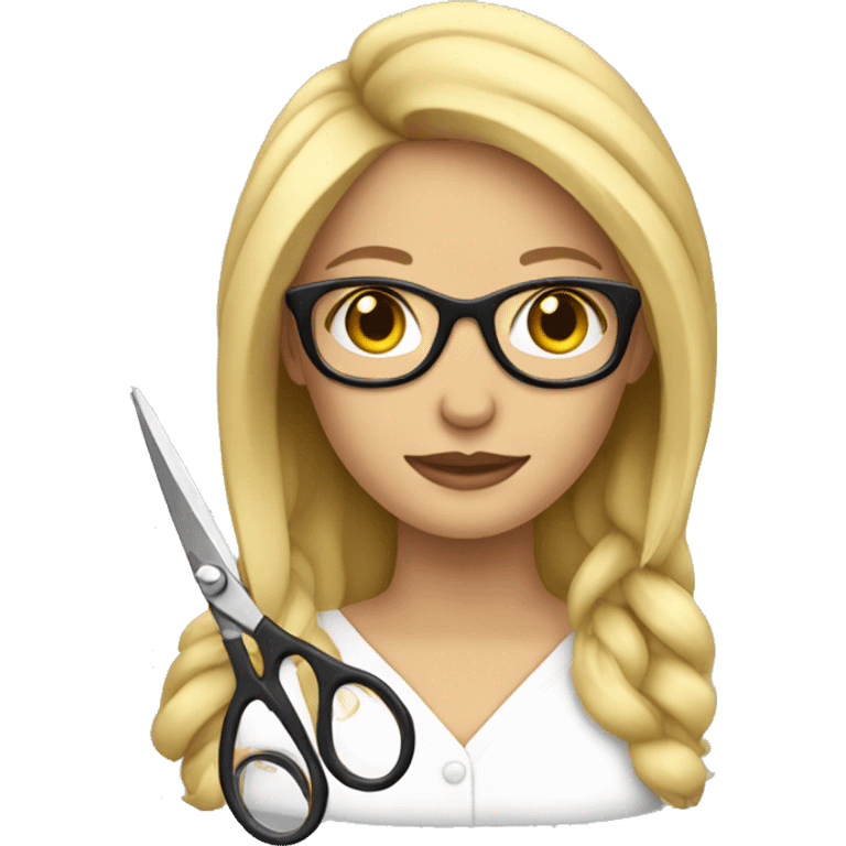 blonde woman with glasses holding scissors emoji