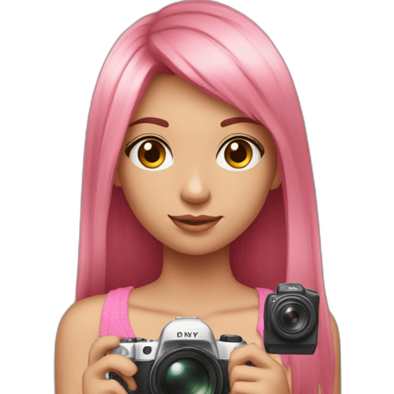 cute girl with long, straight rose hair with fringe and holding camera and wearing pink tank top emoji