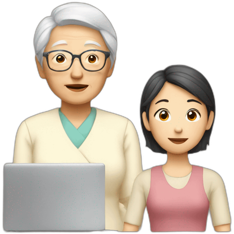 young asian lady in front of computer with old grandma standing next to her emoji