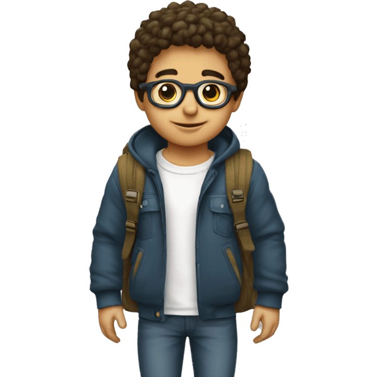 un niño blanco con pelo rulado corto y lentes con mochila emoji